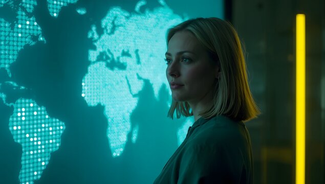 Confident businesswoman analyzes global market data on illuminated world map in modern, high-tech office environment - Powered by Adobe