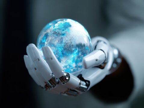A futuristic robotic hand holds a glowing, translucent globe, symbolizing technology's connection to the world.