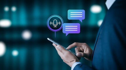 Man using AI voice assistant on smartphone with speech-to-text conversion and chatbot interface, representing smart technology, digital assistant and virtual communication.