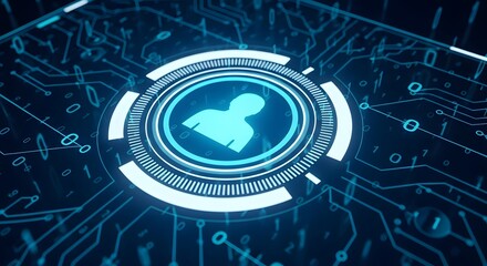Modern digital interface displays abstract human profile icon amidst glowing binary code and circuit board pathways, representing data security and user identity.