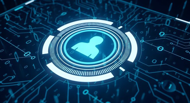 Modern digital interface displays abstract human profile icon amidst glowing binary code and circuit board pathways, representing data security and user identity. - Powered by Adobe