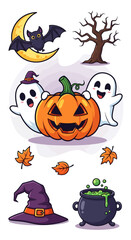 A collection of cute cartoon Halloween elements including ghosts, a pumpkin, a bat, a witch hat, and a cauldron.