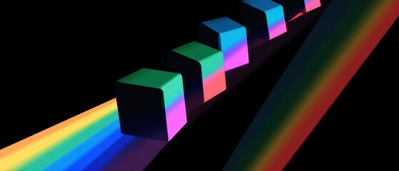 Naklejka premium Colorful cubes create a striking visual effect, illuminated by vibrant light beams against a dark background.