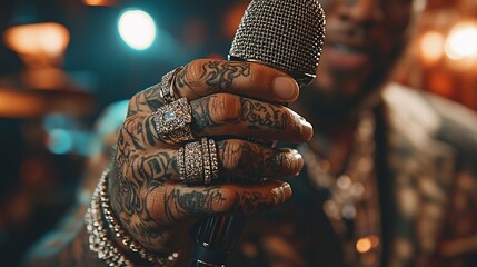 Tattooed hand holding mic, stage performance, night club