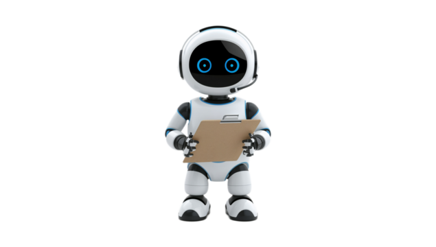 Friendly futuristic robot holding a clipboard, perfect for tech and service industry themes
