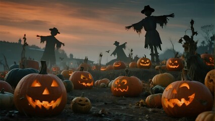 a pumpkin patch at dusk filled with an assortment of creatively carved jack o lanterns