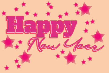 Vector art of happy new year text with pink stars on a light orange background