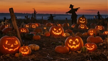 a pumpkin patch at dusk filled with an assortment of creatively carved jack o lanterns