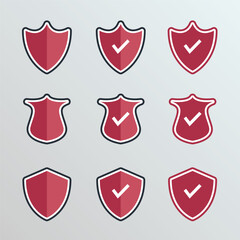 Red shield icon set. Shield with a checkmark. Protection and security symbol. 