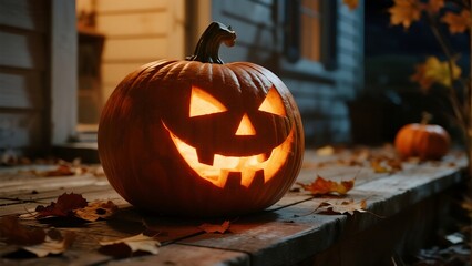 a perfectly carved grinning jack o lantern flickering with a warm 
