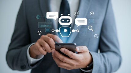 Businessman using AI chatbot application on smartphone for virtual assistant, customer support, and online communication. Innovative technology in digital business solutions.