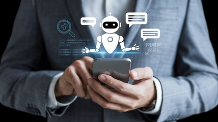 Businessman using AI chatbot application on smartphone for virtual assistant, customer support, and online communication. Innovative technology in digital business solutions.