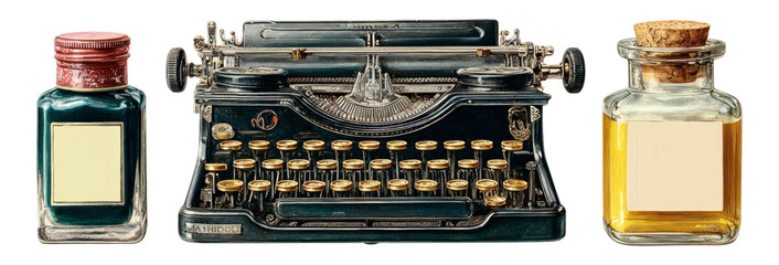 Vintage Typewriter with Ink Bottles and a Clear Background