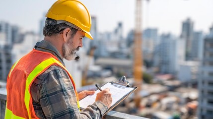 Worker in reflective vest and hard hat planning construction strategy while observing on-site activity  