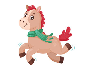  cheerful cartoon horse in a festive green scarf and red mane, galloping with snowflakes. perfect for Christmas or winter holiday designs.