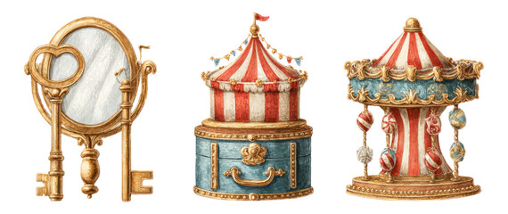 Fototapeta premium Vintage Circus Props with Mirror, Tent, and Carousel Design