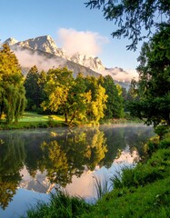Misty mountain river sunrise