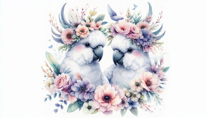 Romantic Cockatoos with Floral Crowns in Pastel Garden