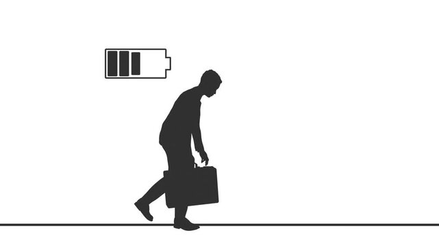 Sad and weary businessman walking with briefcase. Man having mental pressure or stress. Bankruptcy on economic recession and failure. Tired man with slumped shoulders. Exhaustion and lack of energy.