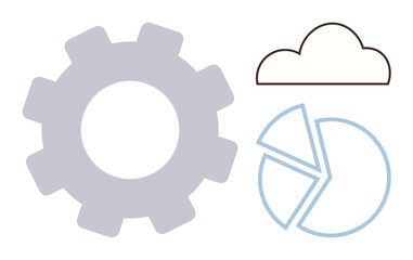 Gear, cloud outline, and pie chart visualizing technology integration, data analysis, automation, cloud services, business efficiency, innovation and strategy. Simple flat metaphor