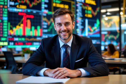 Smiling financial professional seated in a dynamic trading office, surrounded by digital screens displaying colorful stock market charts and real-time investment data. - Powered by Adobe