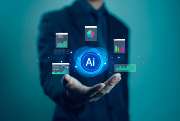 Artificial intelligence concept with business analytics, big data visualization, and futuristic technology innovation for digital transformation, finance, and corporate strategy.
