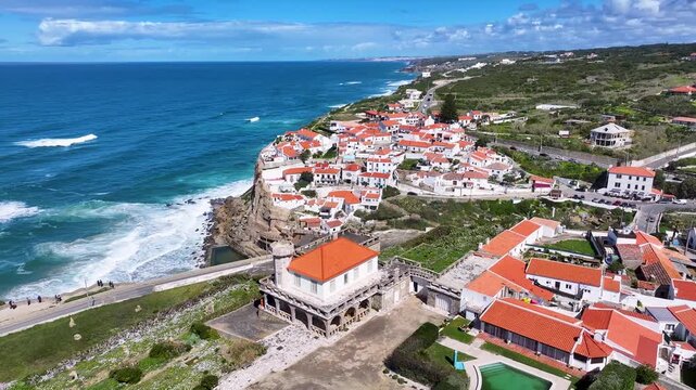 Azenhas Do Mar Beach At Sintra In District Of Lisbon Portugal. Coastal City. Nature Landscape. Beach Scenery. Azenhas Do Mar Beach At Sintra In District Of Lisbon Portugal.