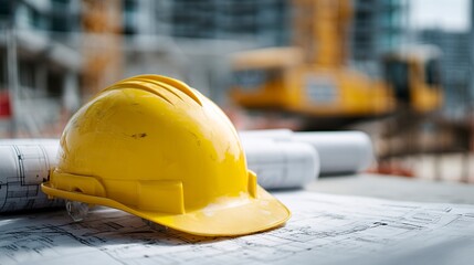 Yellow hard hat placed on building blueprints in active construction zone  