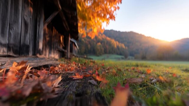 Rural autumn scenery with foliage and weathered barn in golden sunlight