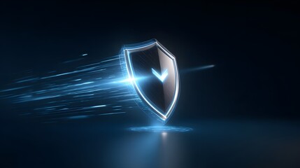 Gleaming 3D security shield icon featuring a bright blue checkmark surrounded by luminous digital data streams against a