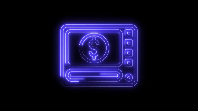 Neon atm machine glowing on black background finance and banking digital illustration