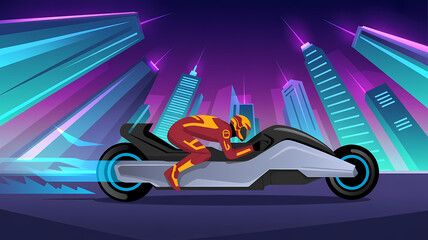 Futuristic Hoverbike Race in Neon-Lit Cityscape with Energy Trails and Dynamic Architecture