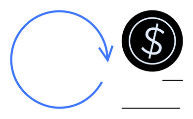 Blue circular arrow represents flow black coin with dollar signifies money. Ideal for finance, payments, transactions, economy, sustainability, savings, budgeting. Simple flat metaphor