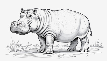 Fototapeta premium Cartoon rhinoceros character featuring a simple outline style for engaging coloring page fun on a white background