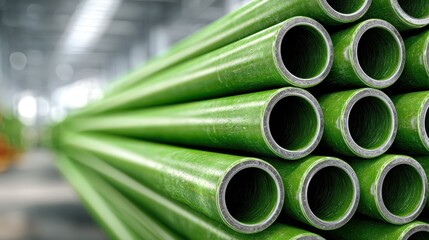 Stacked green ppr pipes and fittings in plumbing supply warehouse industrial environment close-up view for installation
