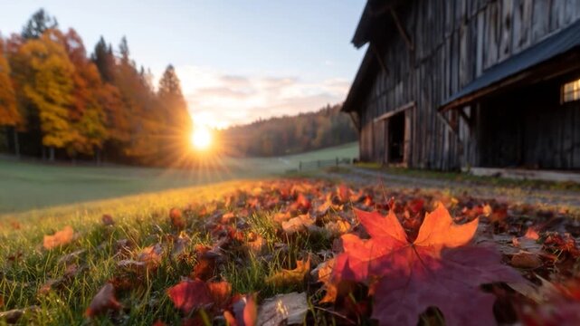 Autumn leaves ground level view at sunrise near rustic barn farm scenery