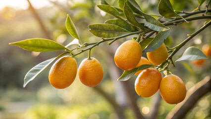 Closeup of fresh kumquat fruit growing on a tree branch in an orchard on a sunny day