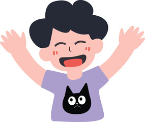Joyful happy boy celebrating with hands up wearing purple t shirt featuring cute black cat character