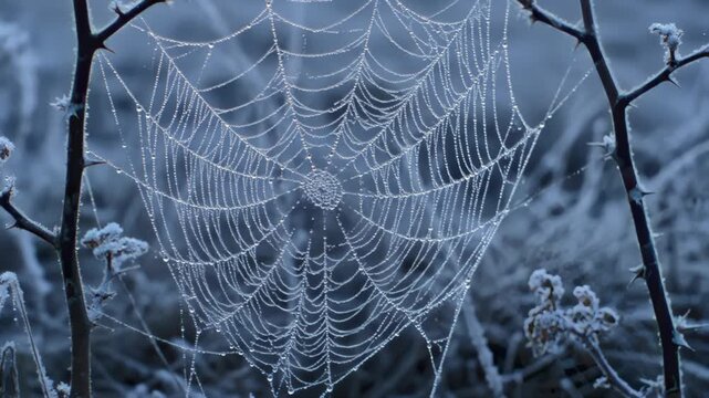 Delicate Frozen Spider Web Adorned with Ice Crystals on Thorns