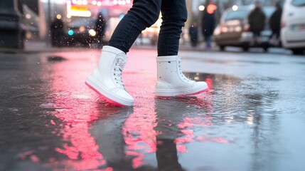 Woman walking in rain, city street, puddle reflection. Lifestyle photo