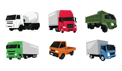 Vector set of colorful truck and delivery vehicles. Flat geometric illustration.