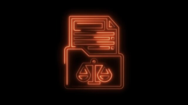 Glowing orange neon law document folder icon animation on black background revealing justice symbol