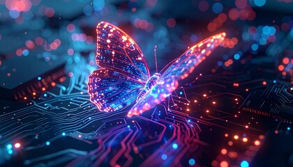 A holographic butterfly emerging from a circuit board cyberpunk surreal digital art.