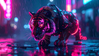A cybernetic tiger prowling in the rain cyberpunk animal design, neon lights.