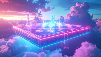 A floating holographic chessboard in the sky cyberpunk surrealism, futuristic light.