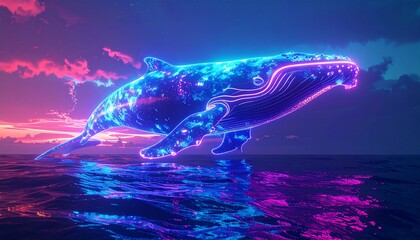 A giant neon whale hologram above the ocean sci-fi surreal concept art.