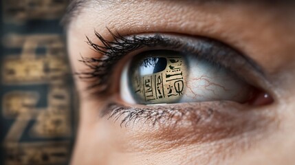 Woman's eye reflecting hieroglyphs, ancient Egypt background