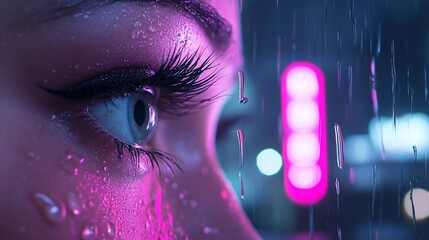Woman's eye, rain, city night, neon glow