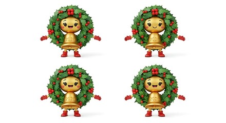Fototapeta premium Animated bells with wreaths festive holiday characters