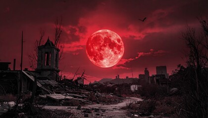 A blood-red moon over a deserted citygothic horror, cinematic matte painting.